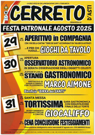 Cerreto d’Asti in festa: dal 29 al 31 agosto la patronale tra gastronomia, astronomia e spettacoli